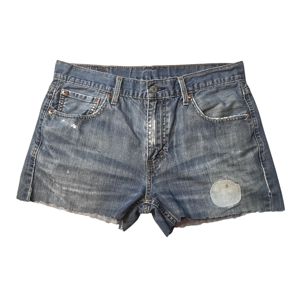 Levi's Shorts Womens 32 Blue Denim Cut Off Raw Hem Distressed Patch Casual
